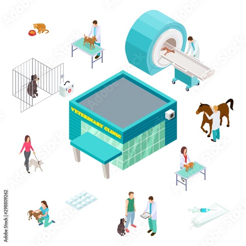 Pet care concept. Isometric veterinary clinic isolated on white background. Veterinarian volunteer pet owners, medicine clinic. Veterinary clinic for dog, cat and pets assistance