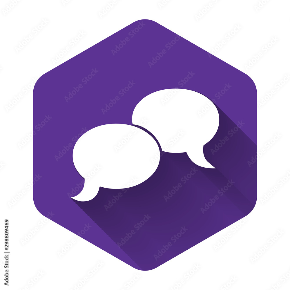 White Blank speech bubbles icon isolated with long shadow. FAQ sign. Copy files, chat speech bubble and chart web icons. Purple hexagon button. Vector Illustration White Blank speech bubbles icon isolated with long shadow. FAQ sign. Copy files, chat speech bubble and chart web icons. Purple hexagon button. Vector Illustration