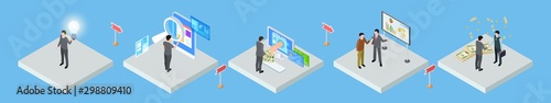 Idea implementation. Business development strategy. Isometric infographic step by step business development vector illustration. Business strategy success, solution plan work innovation