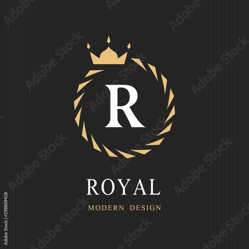 Coat of Arms. Initial Letter R. Heraldic Royal Frame with Crown. Abstract Laurel Wreath. Simple Classic Emblem. Round Composition. Graphics Style. Art Elements for Logo Design. Vector Illustration