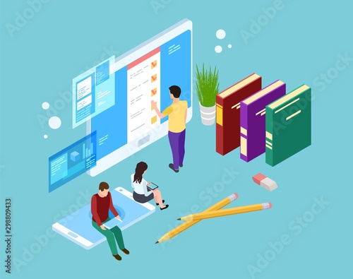 Online survey concept. Isometric people evaluate services on laptop, tablet and smartphone screens. Vector 3d people and gadgets. Illustration feedback survey online, customer rating review