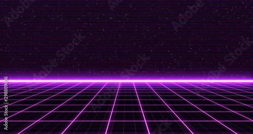 Retro Sci-Fi Background Futuristic Grid landscape of the 80`s. Digital Cyber Surface. Suitable for design in the style of the 1980`s. 3D illustration