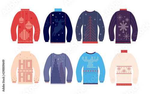Ugly sweater. Traditional ugly christmas sweaters with different cute prints and ornaments, funny holiday wool clothes, vector set. Sweater christmas winter, holiday pullover illustration