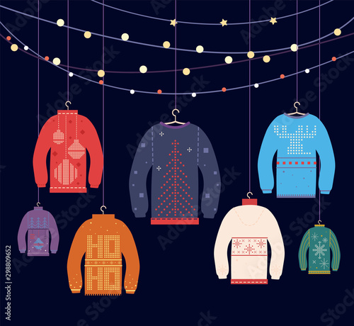 Ugly sweater. Christmas sweaters with different cute prints and ornaments, new years party greeting card decor, vector dark blue background
