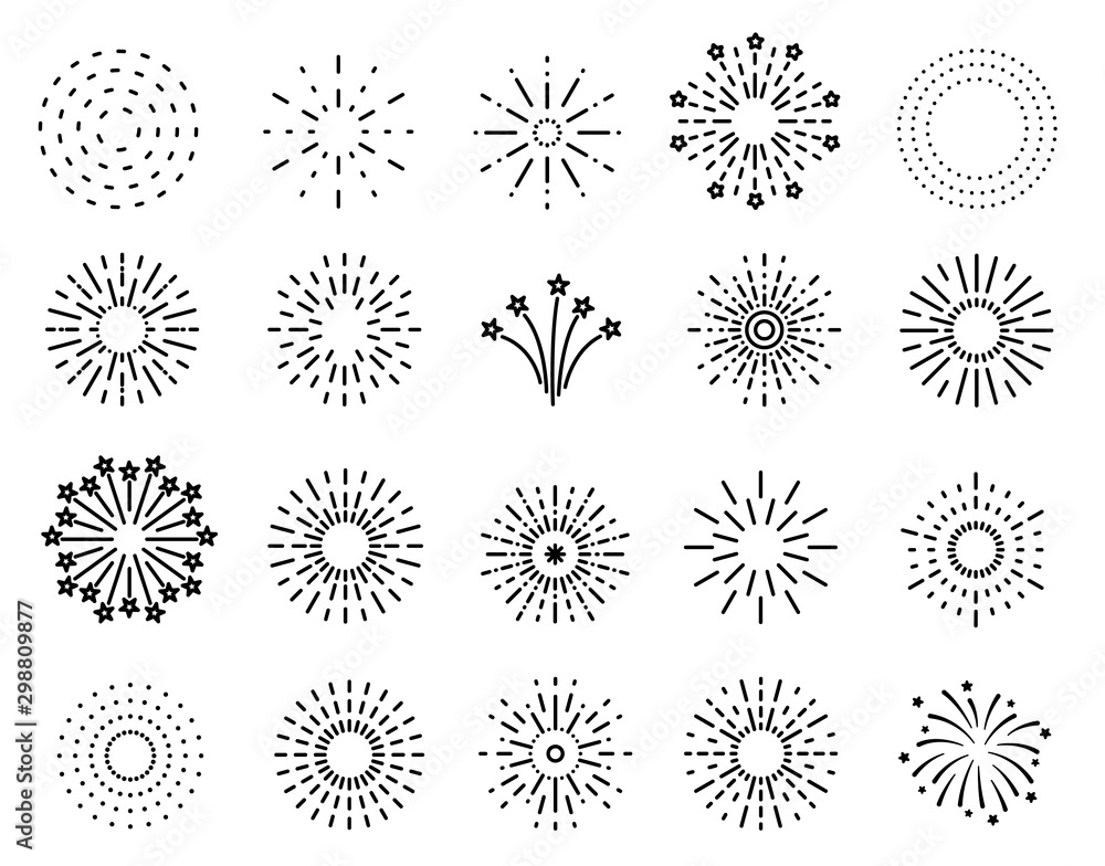 Flat fireworks. Festive sparkles, carnival salutes. Christmas, 4th july and winter holidays outline firework explosion vector. Christmas carnival sparkle salute, 4th jule sketch linear illustration