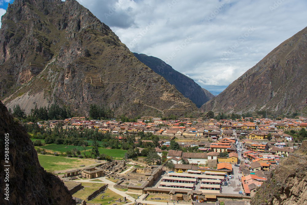 Ollantaytambo village and Pinkuylluna Mountain in Peru