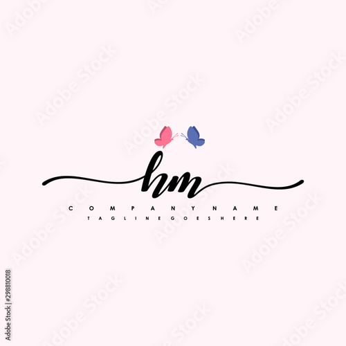 Initial HM with a butterfly on the handwriting Logo vector. Letter Logo Handwriting Template. two blue and ping butterflies