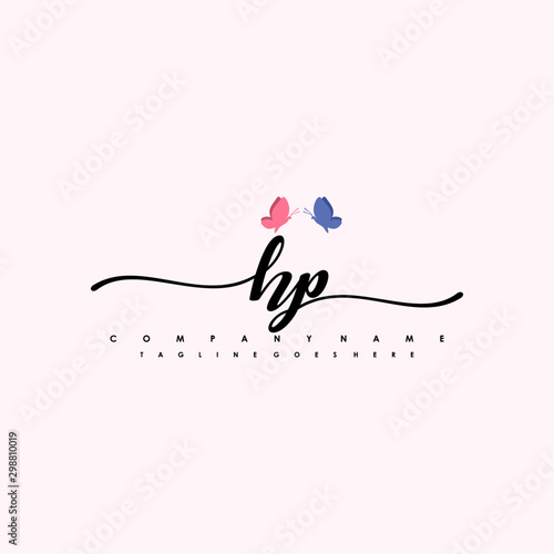 Initial HP with a butterfly on the handwriting Logo vector. Letter Logo Handwriting Template. two blue and ping butterflies