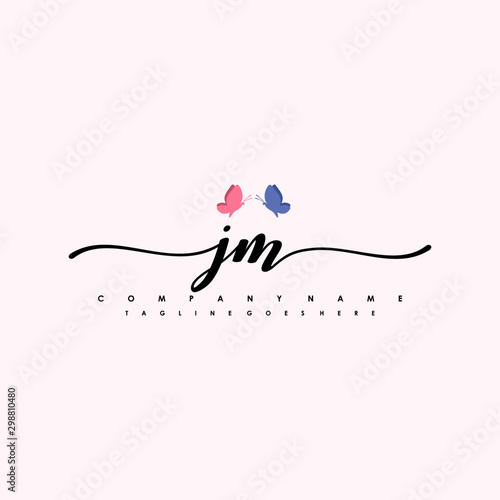 Initial JM with a butterfly on the handwriting Logo vector. Letter Logo Handwriting Template. two blue and ping butterflies