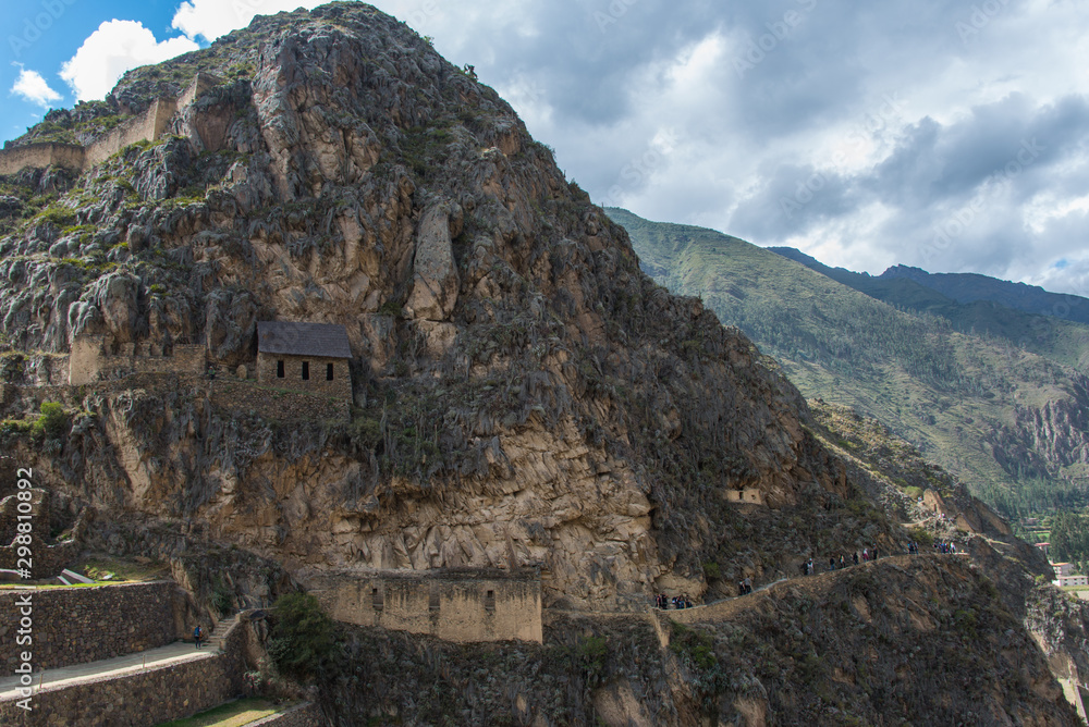 The ruins of the giant buildings and terraces near the town of Ollantaytambo (Peru)