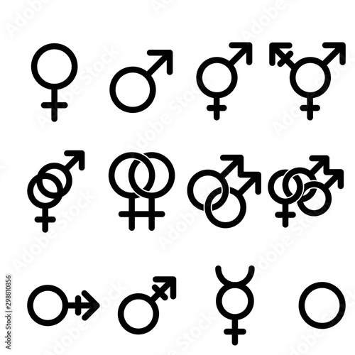 Vector outlines icons of gender symbols and combinations. Male, female and transgender symbols.
