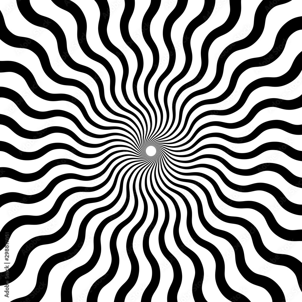 Black and White Hypnotic Spiral Background. Radial Spiral Rays