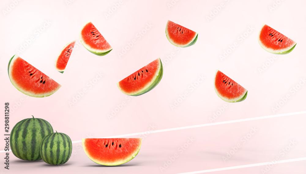 Fresh Watermelon and Sliced Groups closeup Concept Summer - holidays - Fruit and Vegetables on pastel Rad background - 3d rendering Fresh Watermelon and Sliced Groups closeup Concept Summer - holidays - Fruit and Vegetables on pastel Rad background - 3d rendering