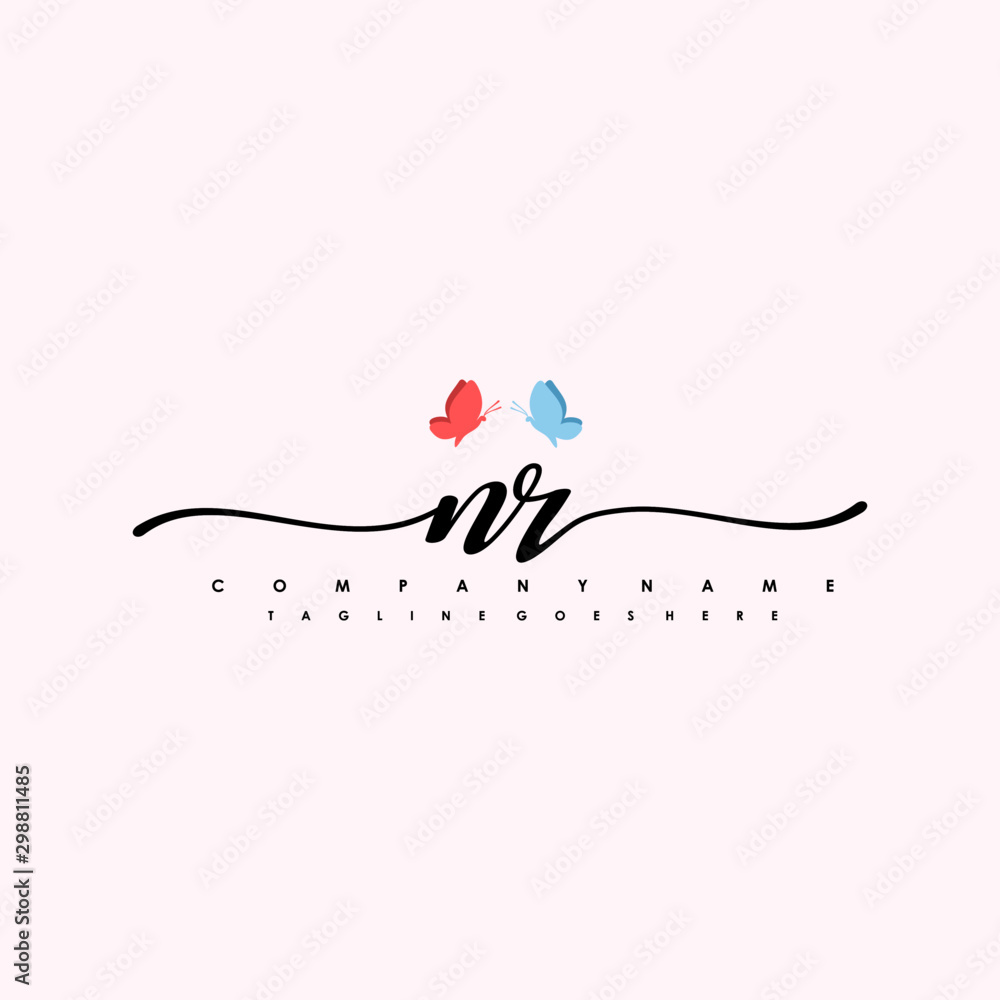 Initial NR with a butterfly on the handwriting Logo vector. Letter Logo Handwriting Template. two blue and ping butterflies Initial NR with a butterfly on the handwriting Logo vector. Letter Logo Handwriting Template. two blue and ping butterflies