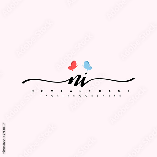 Initial NI with a butterfly on the handwriting Logo vector. Letter Logo Handwriting Template. two blue and ping butterflies