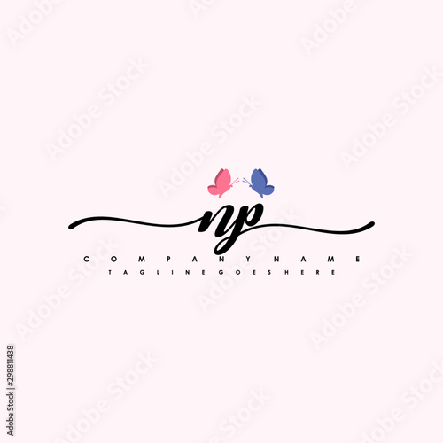 Initial NP with a butterfly on the handwriting Logo vector. Letter Logo Handwriting Template. two blue and ping butterflies