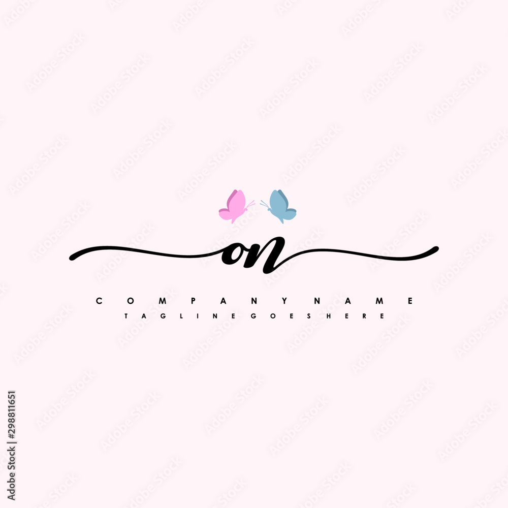 Initial ON with a butterfly on the handwriting Logo vector. Letter Logo Handwriting Template. two blue and ping butterflies Initial ON with a butterfly on the handwriting Logo vector. Letter Logo Handwriting Template. two blue and ping butterflies