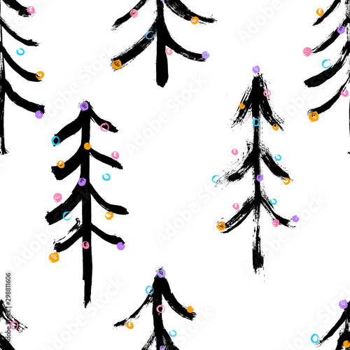 Seamless hand drawn Pattern with Christmas tree. Vector illustration for your design.  Perfect for wallpapers, pattern fills, web page backgrounds, surface textures, textile