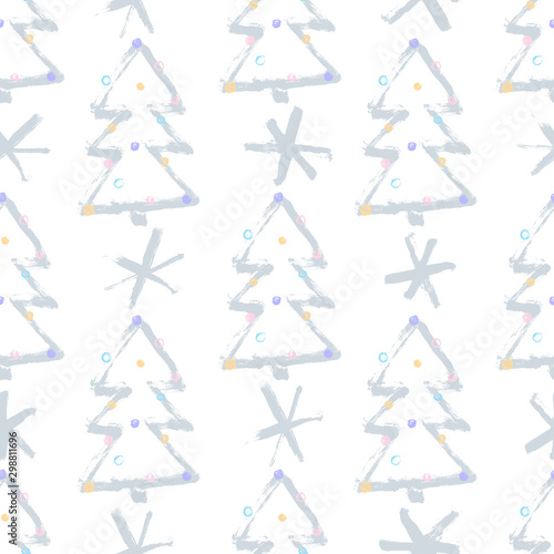 Seamless hand drawn Pattern with Christmas tree and snowflakes. Vector illustration for your design.  Perfect for wallpapers, pattern fills, web page backgrounds, surface textures, textile