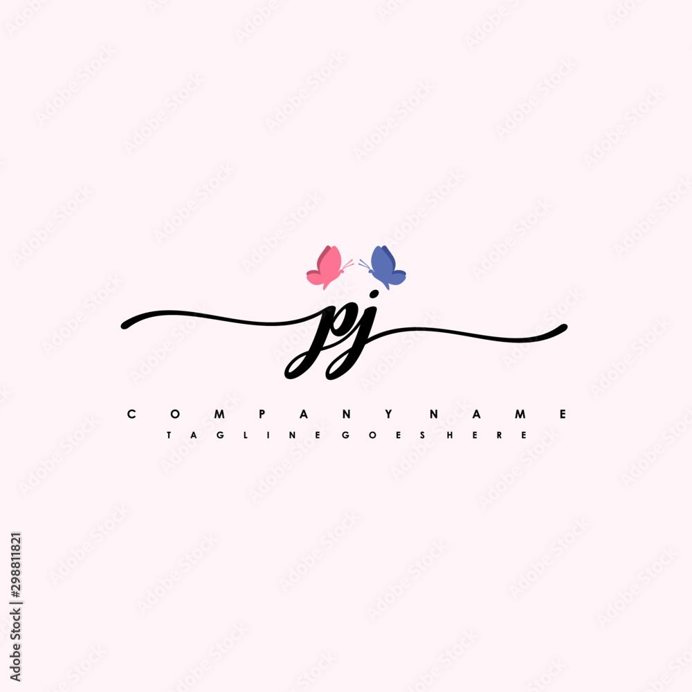 Initial PJ with a butterfly on the handwriting Logo vector. Letter Logo Handwriting Template. two blue and ping butterflies Initial PJ with a butterfly on the handwriting Logo vector. Letter Logo Handwriting Template. two blue and ping butterflies