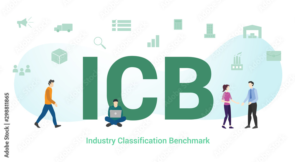 icb industry classification benchmark concept with big word or text and team people with modern flat style - vector icb industry classification benchmark concept with big word or text and team people with modern flat style - vector