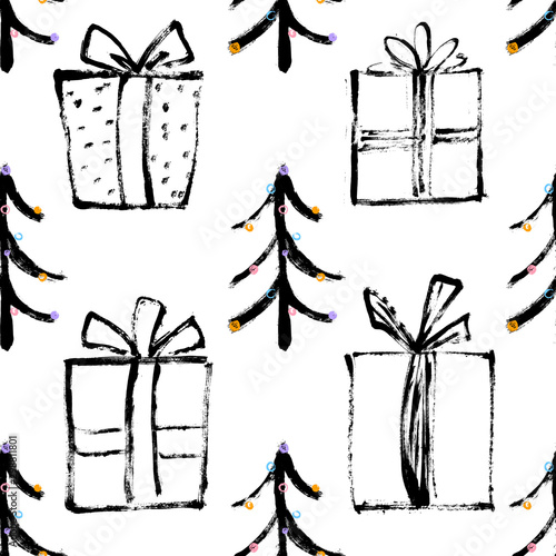 Seamless hand drawn Pattern with Christmas tree and gift boxes. Vector illustration for your design.  Perfect for wallpapers, pattern fills, web page backgrounds, surface textures, textile