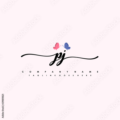 Initial PJ with a butterfly on the handwriting Logo vector. Letter Logo Handwriting Template. two blue and ping butterflies