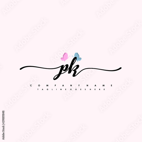 Initial PK with a butterfly on the handwriting Logo vector. Letter Logo Handwriting Template. two blue and ping butterflies