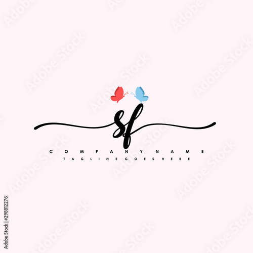 Initial SF with a butterfly on the handwriting Logo vector. Letter Logo Handwriting Template. two blue and ping butterflies