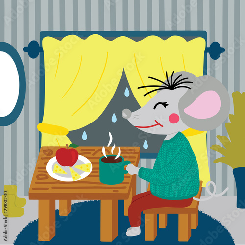 Rat or mouse drinks tea or coffee and eating cheese, sitting in the cozy house, rainy window on background. Cartoon style digital drawing for calendar 2020, symbol of new year, vector