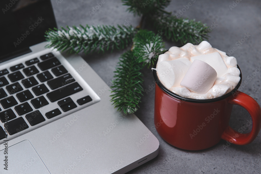 mug of cocoa with marshmallows next to the laptop, spruce branch on a gray background mug of cocoa with marshmallows next to the laptop, spruce branch on a gray background