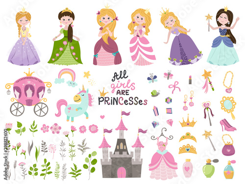 Big vector set of beautiful princesses, castle, carriage and accessories.