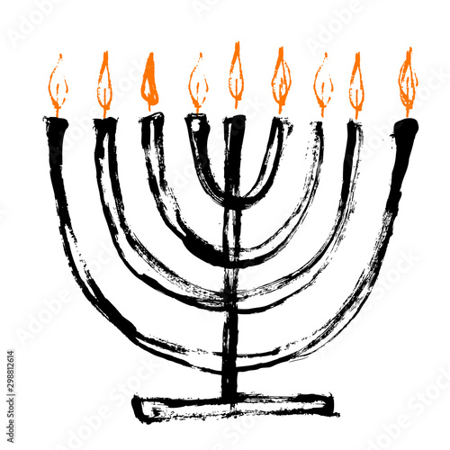 Beautiful menorah candlestick with candle and flame. Vector illustration for Hanukkah, jewish holiday. Isolated on white background
