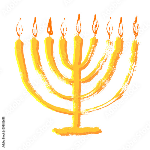 Beautiful menorah candlestick with candle and flame. Vector illustration for Hanukkah, jewish holiday. Isolated on white background