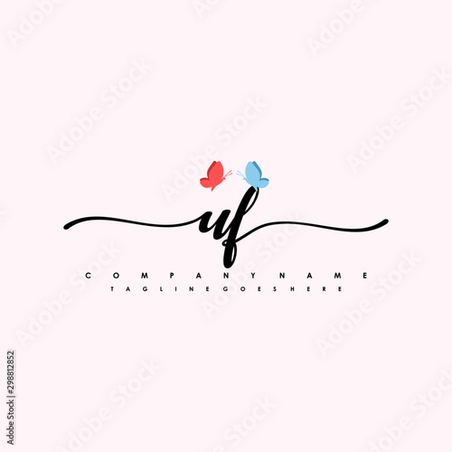 Initial UF with a butterfly on the handwriting Logo vector. Letter Logo Handwriting Template. two blue and ping butterflies