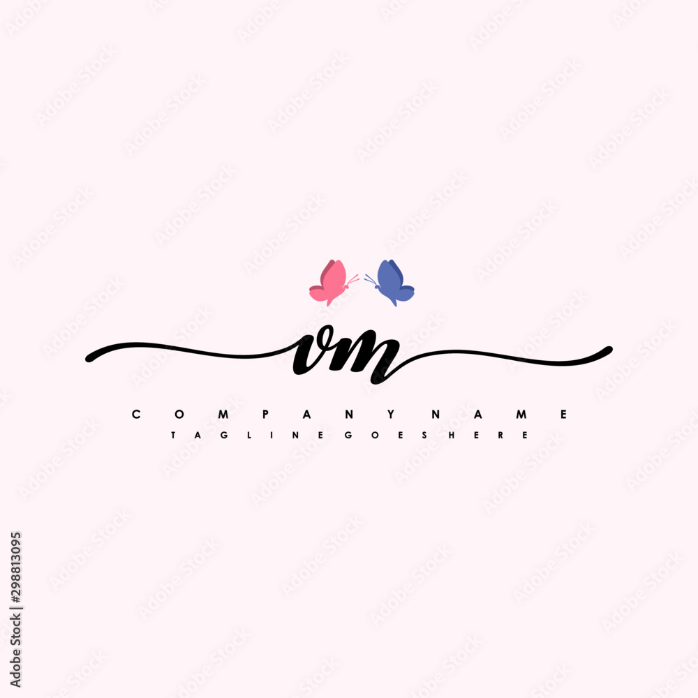 Initial VM with a butterfly on the handwriting Logo vector. Letter Logo Handwriting Template. two blue and ping butterflies Initial VM with a butterfly on the handwriting Logo vector. Letter Logo Handwriting Template. two blue and ping butterflies