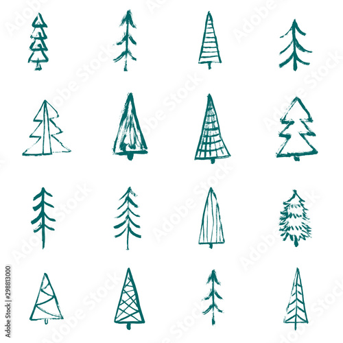 Set of Decorated Christmas trees with balls. Merry Christmas. Christmas tree on white background. Vector illustration for your design. Grunge, hand drawn
