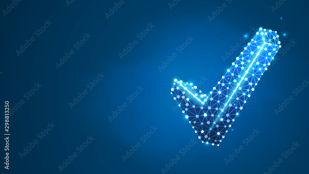 Check mark symbol. Success, business agreement, ok sign, approval concept. Abstract, digital, wireframe, low poly mesh, polygonal Raster blue neon 3d illustration. Line, dot Check mark symbol. Success, business agreement, ok sign, approval concept. Abstract, digital, wireframe, low poly mesh, polygonal Raster blue neon 3d illustration. Line, dot