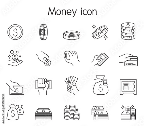 Money, Cash, Coin, Currency icon set in thin line style