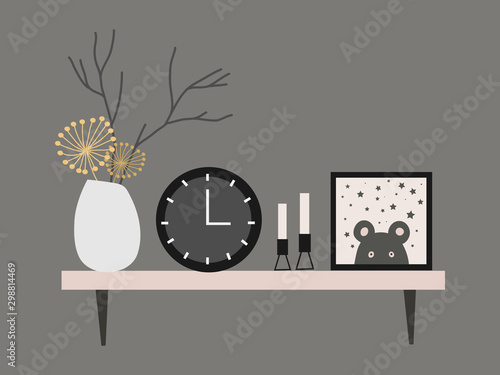 Wall shelf for a Scandinavian-style living room interior with dried flower vase, clock, candles and paintings. Vector flat illustration.