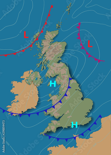 United Kingdom. Weather map of the Great Britain. Meteorological forecast. Editable vector illustration of a generic map showing isobars and weather fronts. EPS 10