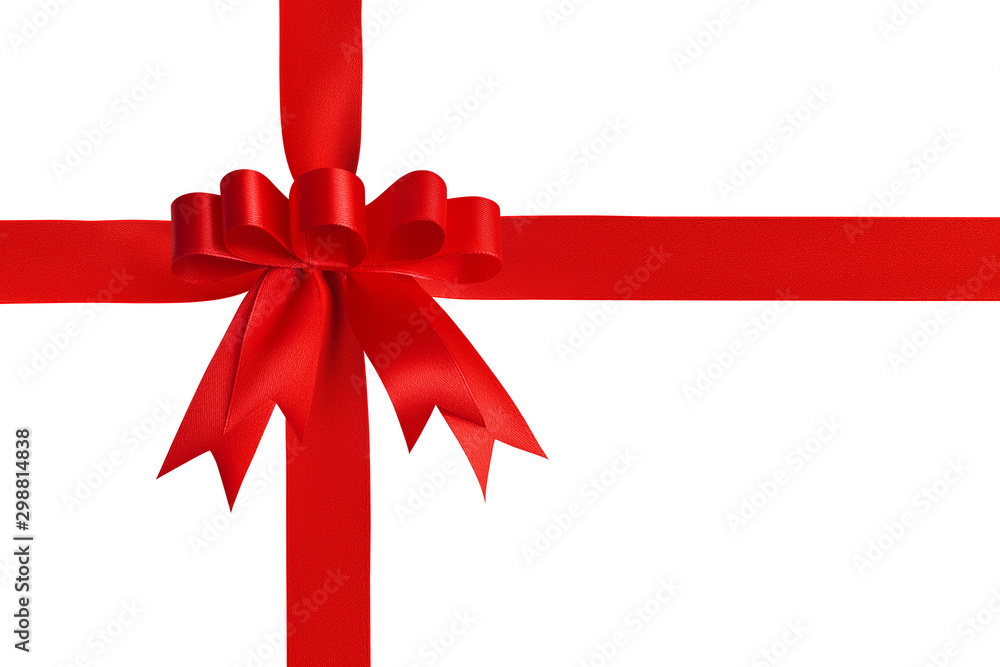 Top view of a beautiful unusual ornate creative trendy handmade bow with five loops and a red bright satin ribbon tied with a cross isolated on a white background. Closeup, clipping path Top view of a beautiful unusual ornate creative trendy handmade bow with five loops and a red bright satin ribbon tied with a cross isolated on a white background. Closeup, clipping path