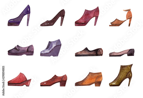 Watercolor background with different kinds of seasonal shoes