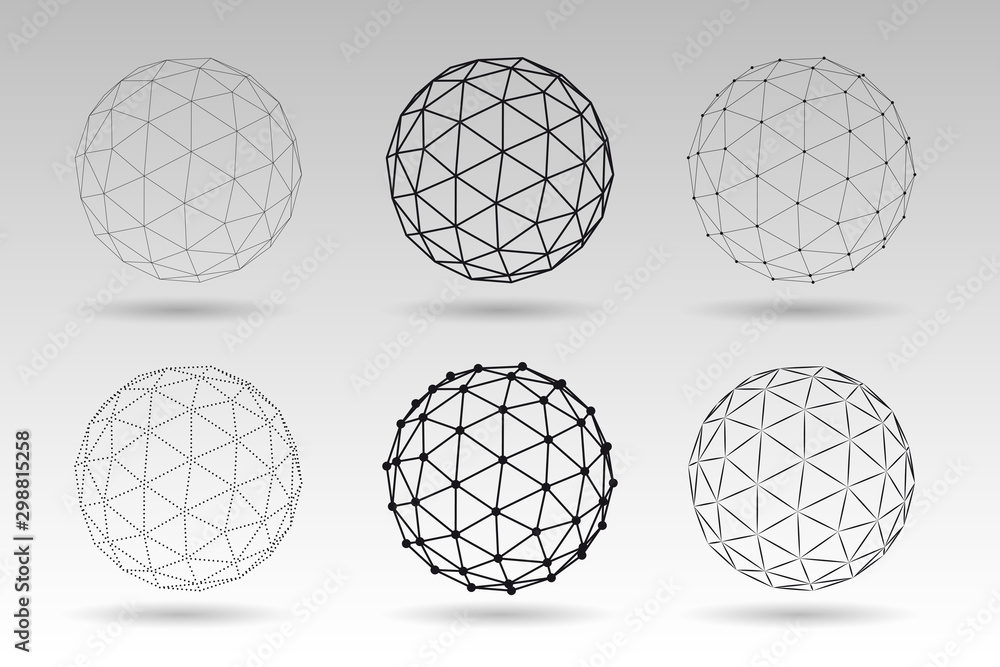 Set of vector globes. Wire effect geometric 3d spheres. Abstract creative graphic for web and science. Set of vector globes. Wire effect geometric 3d spheres. Abstract creative graphic for web and science.