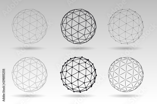 Set of vector globes. Wire effect geometric 3d spheres. Abstract creative graphic for web and science.