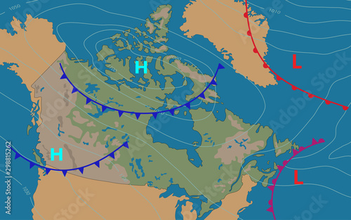 Canada. Canada bordered by USA and Alaska. Weather map of the country. Meteorological forecast. Editable vector illustration of a generic map showing isobars and weather fronts. EPS 10