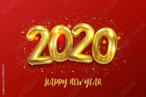 Happy New 2020 Year. Holiday vector illustration of metallic golden balloons numbers 2020. Festive poster or banner design