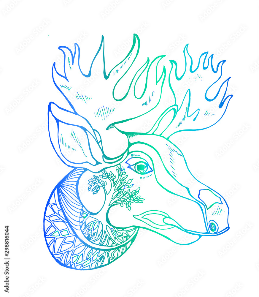 Neon illustration of a moose with horns, ornament. Idea for tattoo. Neon illustration of a moose with horns, ornament. Idea for tattoo.