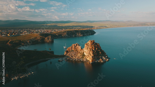 Lake Baikal. Olkhon Island in the summer Shamanka from drone