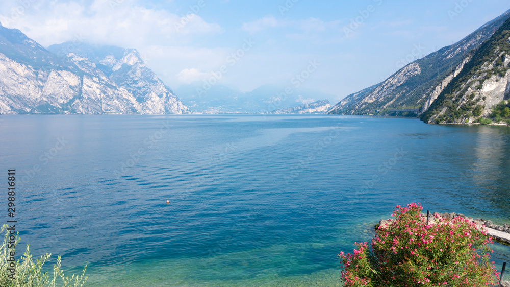Fototapeta premium Water panoramic landscape on Lake Garda framed by the Alps mountains blooming with pink flowers of an oleander and olive bush